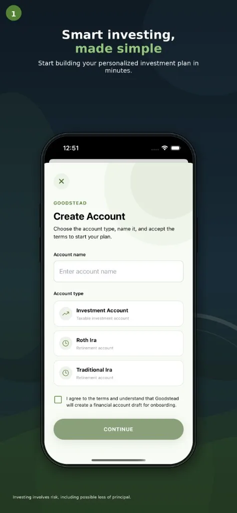 Goodstead app — create an account and start a personalized investment plan