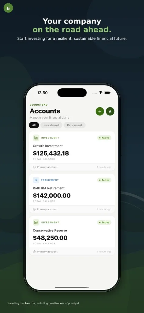 Goodstead app — accounts overview for investment and retirement plans